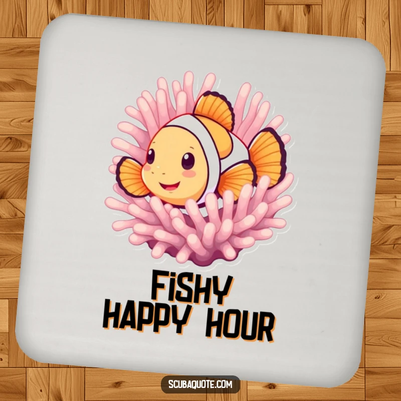 Funny coaster set featuring a smiling clownfish peeking from an anemone, adding playful charm and ocean vibes to surface protection.