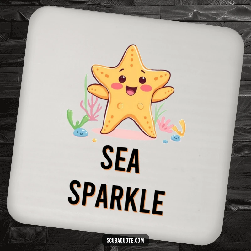 Funny starfish coaster with a happy dancing starfish on the ocean floor, protecting surfaces with ocean cheer and humor.