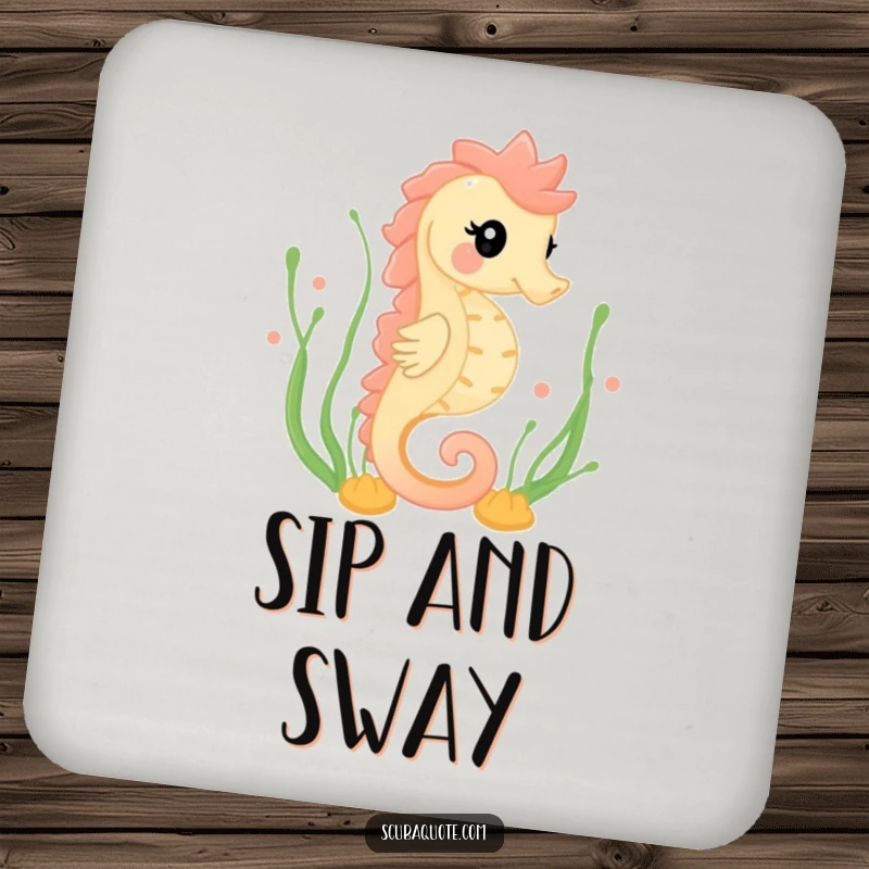 Funny coaster set featuring a happy seahorse gracefully swimming through seaweed, adding serene charm and protecting surfaces with elegance.