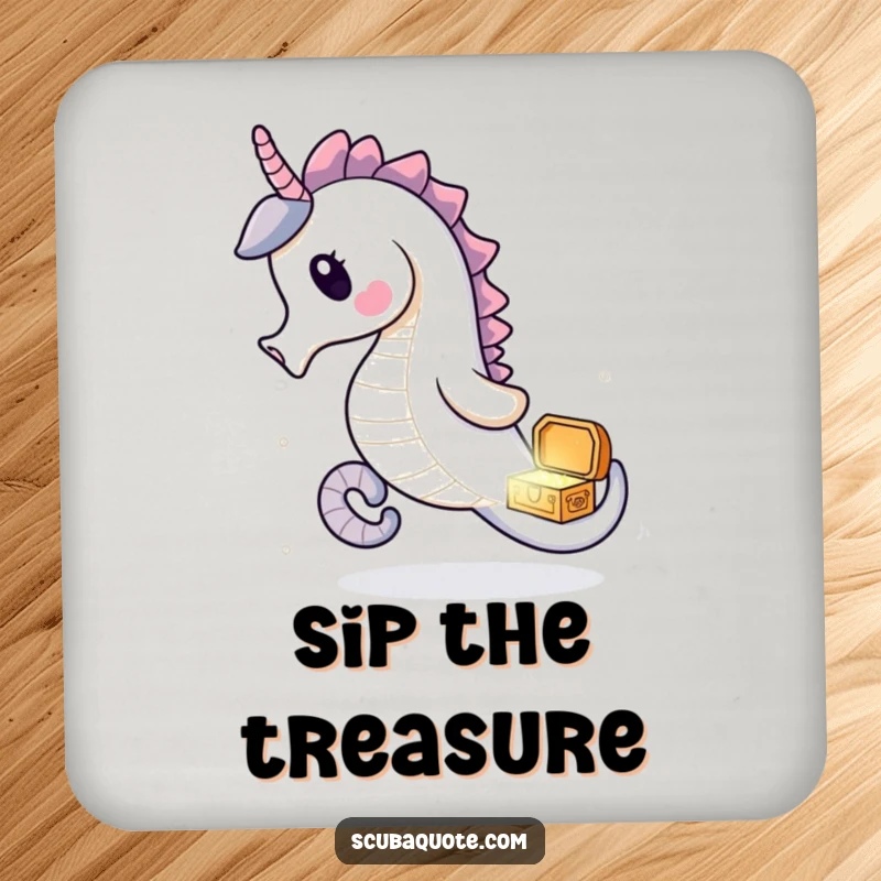 Funny seahorse drink coaster with a delighted seahorse chasing a treasure chest, perfect for protecting surfaces.