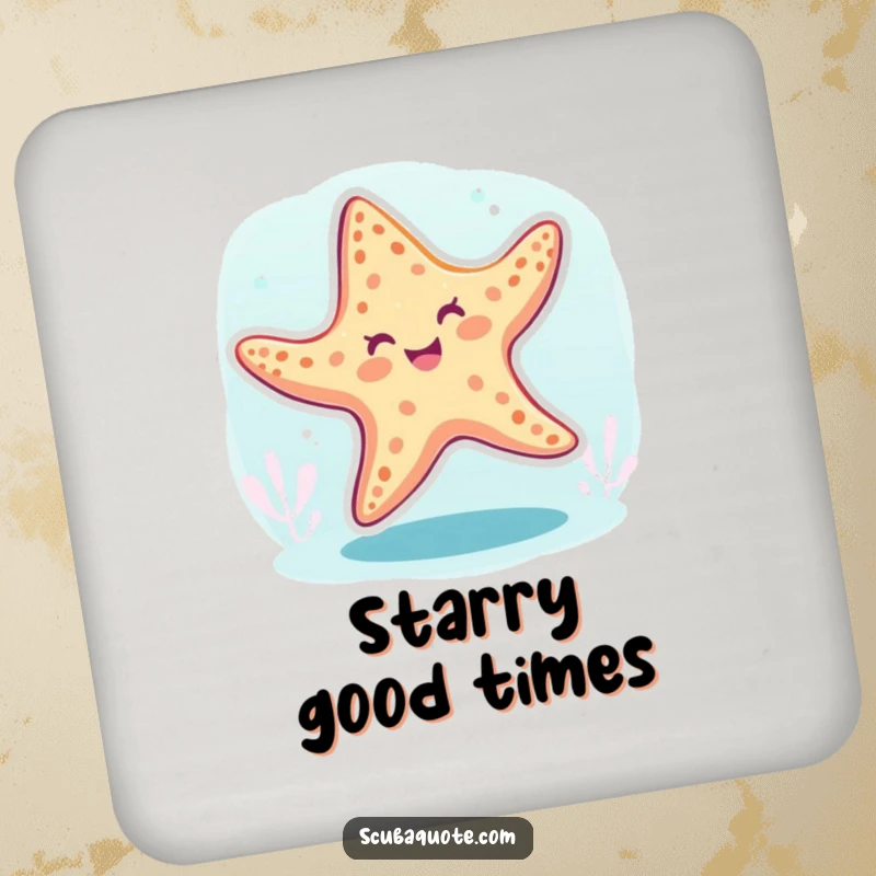 Funny starfish drink coaster featuring a cheerful starfish dancing underwater, protecting surfaces with flair.