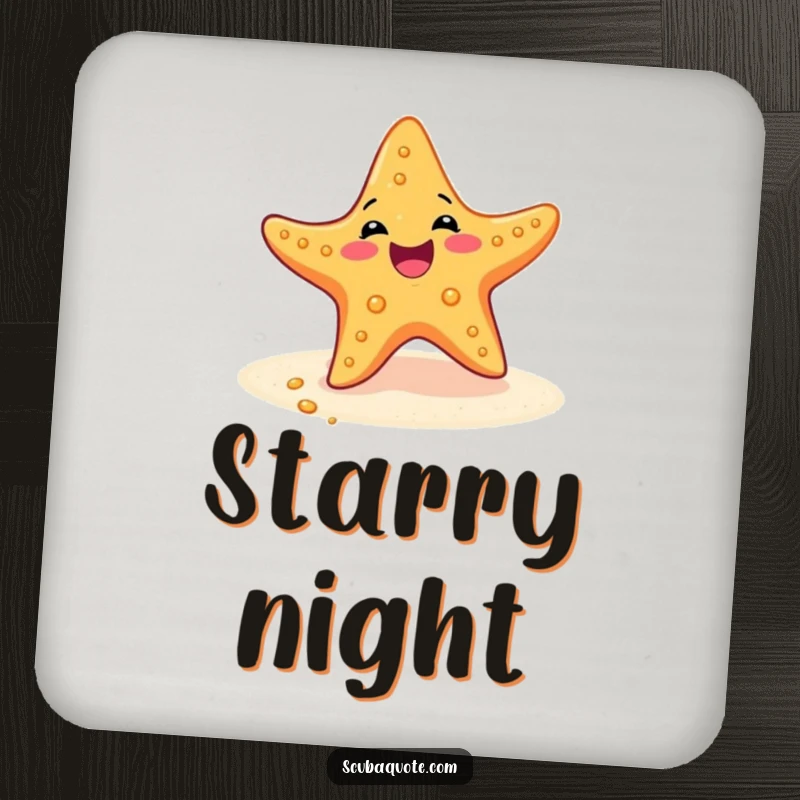 Funny drink coaster showing a delighted starfish doing a happy wiggle dance on the sandy ocean floor.