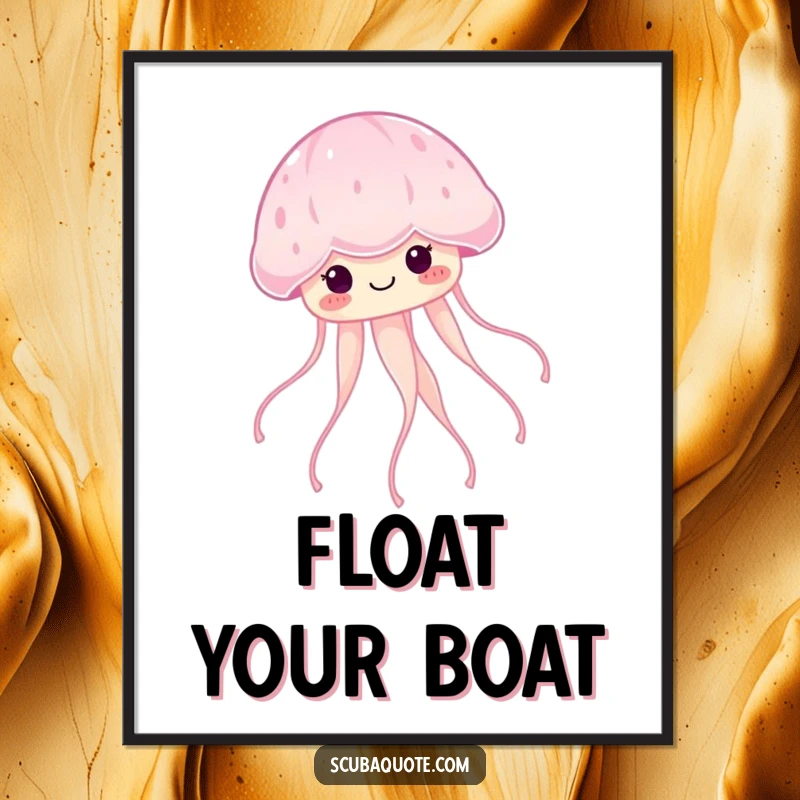 Funny smiling jellyfish floating serenely with glowing tendrils on a vibrant poster, capturing deep-sea magic.