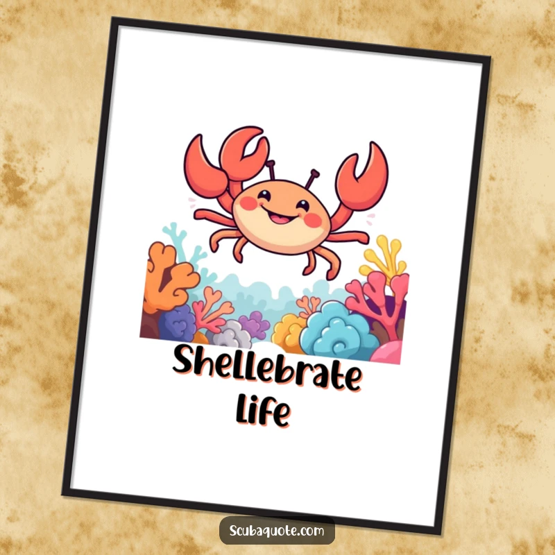Funny poster art of a smiling crab with claws extended, confidently navigating a vividly colored coral reef ecosystem.