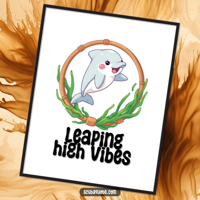 Funny poster art of a playful dolphin leaping through a seaweed-decorated hoop, capturing aquatic dynamism.