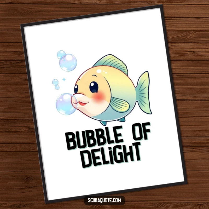 Funny poster of a cheerful fish blowing a continuous stream of large, iridescent bubbles, creating a vibrant and whimsical aquatic scene.