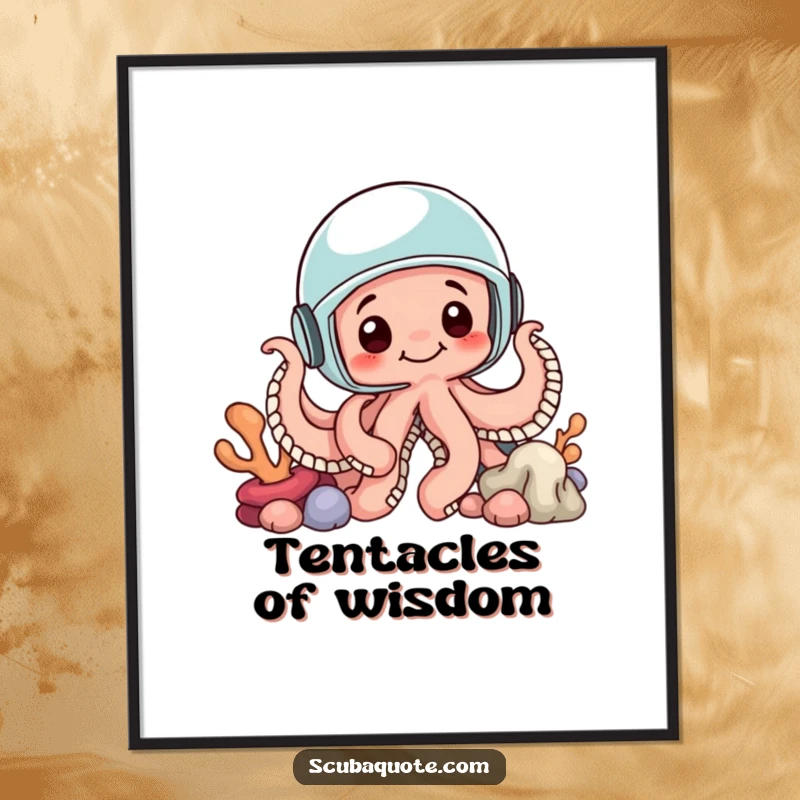 Funny poster art of a curious octopus in a helmet peeking from coral, ideal for adding whimsical underwater wall decor.