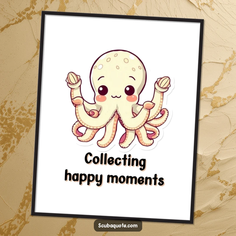 Funny poster of a curious octopus with eight arms, each delicately holding a small seashell, creating an intricate and amusing underwater scene.