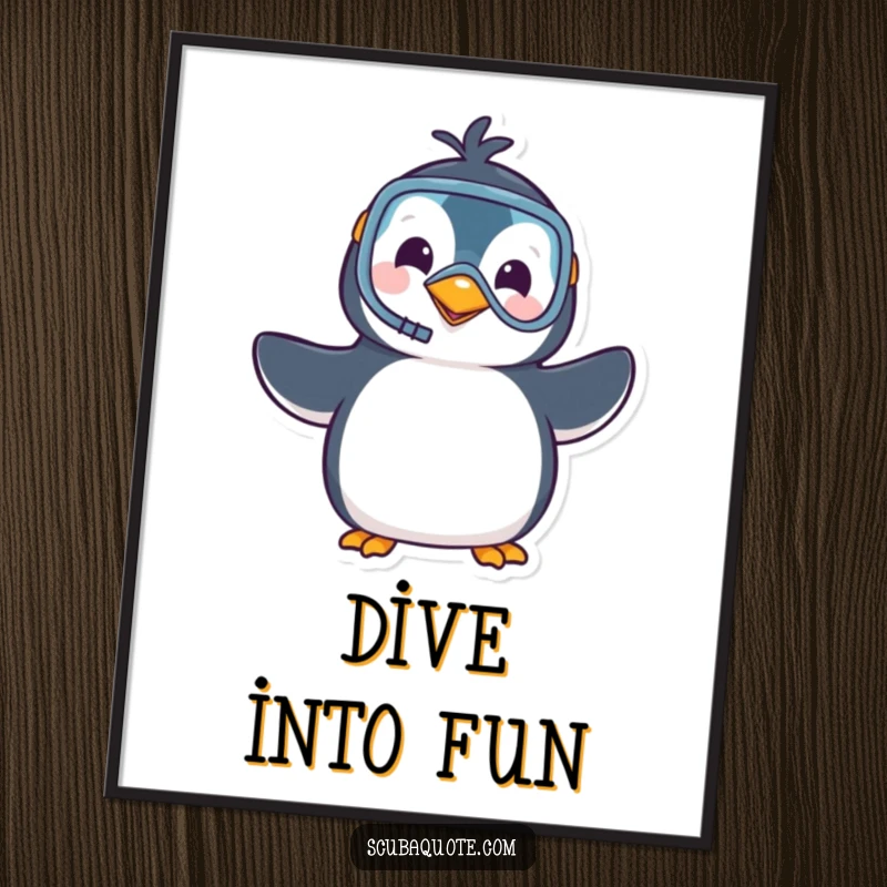 Funny poster of a cute penguin wearing a snorkel and mask, waving cheerfully, showcasing a fun, aquatic-themed illustration.