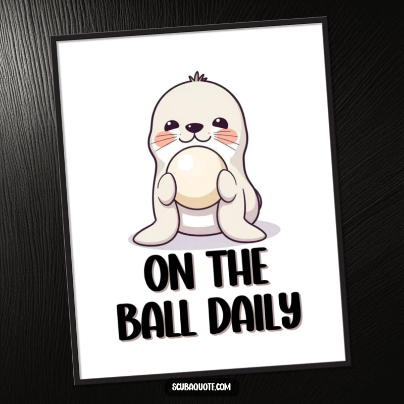 Funny poster of a playful seal balancing a ball on its nose, capturing a moment of impressive skill and joyful performance.
