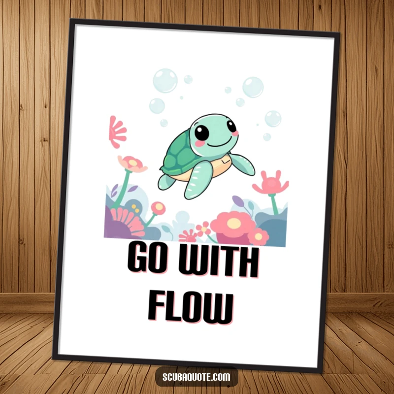 Funny poster art of a happy sea turtle gliding peacefully past vibrant anemones and shimmering bubbles underwater.
