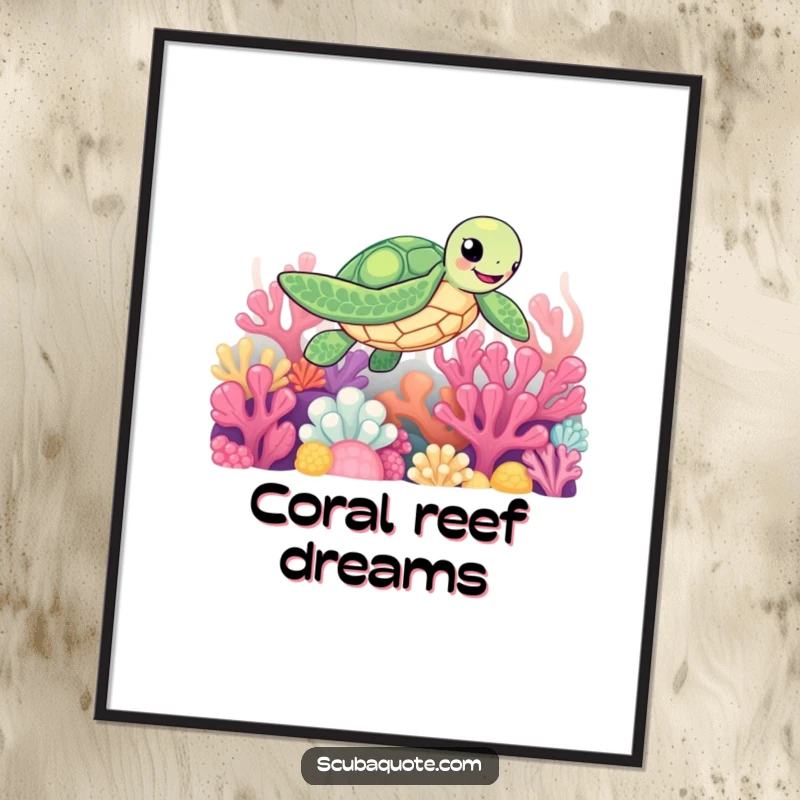 Funny poster artwork of a happy sea turtle swimming energetically through a colorful and detailed coral reef.