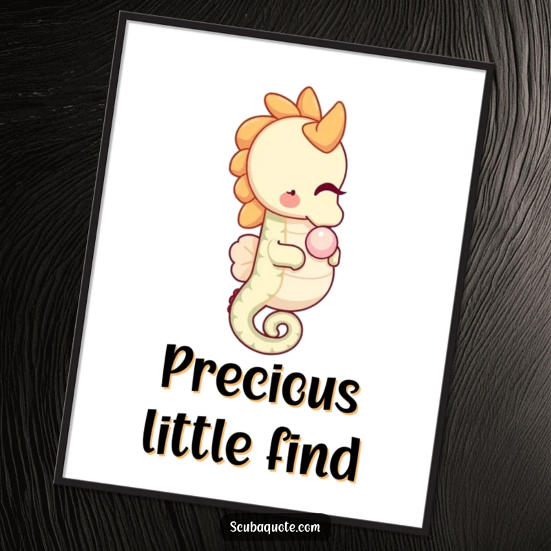 Funny happy seahorse poster, gently nudging a pearl, perfect for charming wall art.