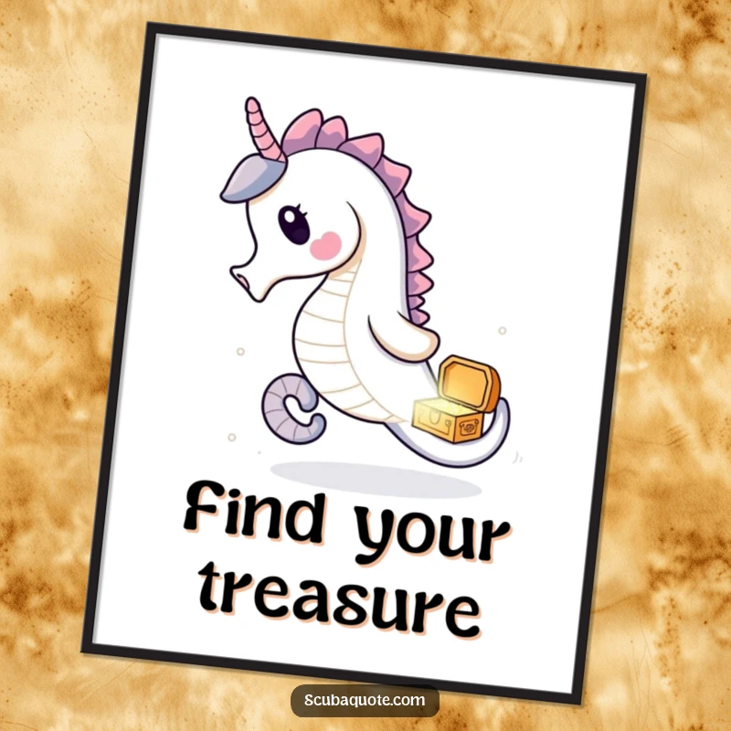 Funny seahorse poster featuring a delighted seahorse chasing a sparkling treasure chest, adding adventurous decor.