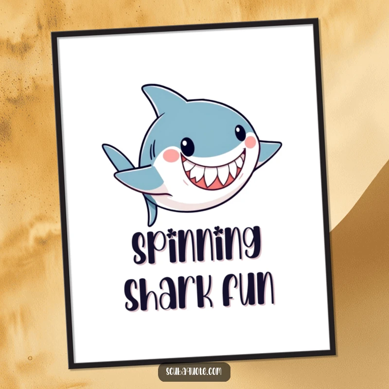 Funny poster featuring a playful shark doing an underwater somersault with a friendly grin, bringing ocean joy to walls.