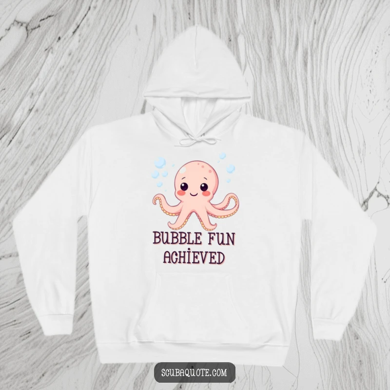 Funny hoodie featuring a happy octopus character surrounded by playful bubbles underwater, offering warmth and cheer.