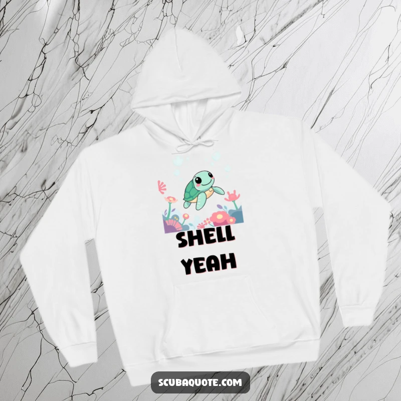 Funny hoodie depicting a cheerful sea turtle gliding effortlessly past colorful anemones and playful underwater bubbles.