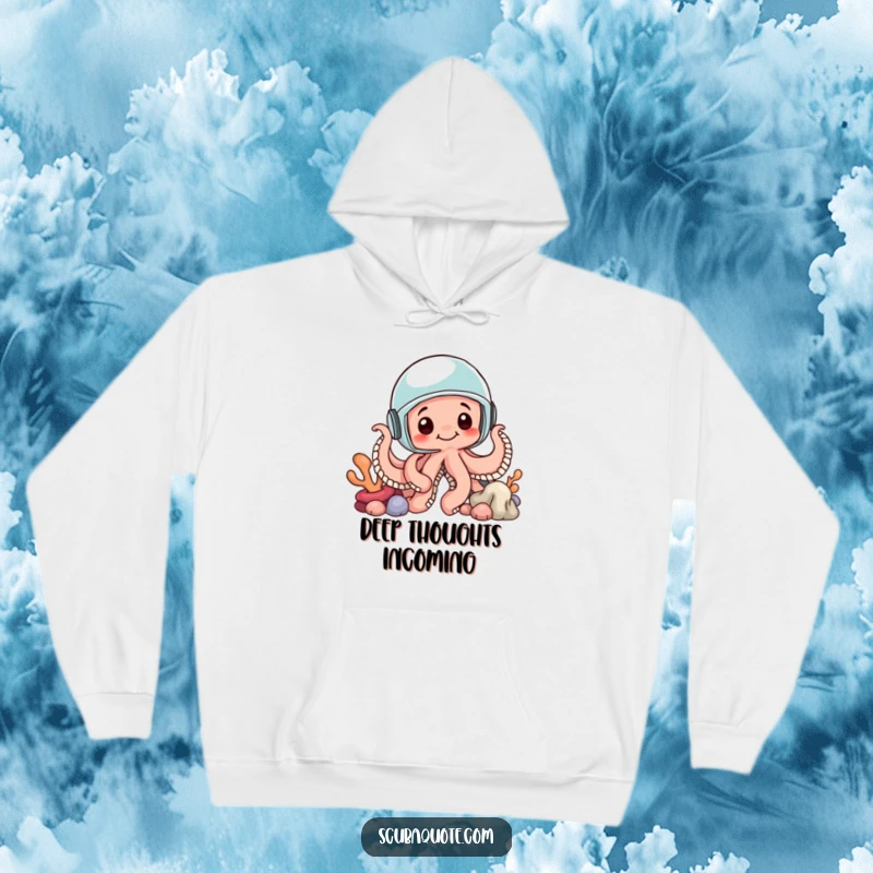 Funny hoodie featuring a curious octopus in a helmet peeking from coral, designed for warmth and aquatic-themed humor.
