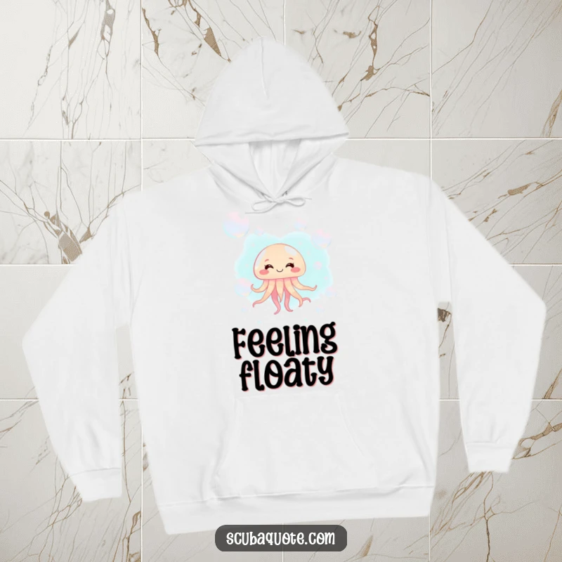 Funny jellyfish hoodie with a giggling jellyfish floating amongst bubbles, perfect for cozy days.