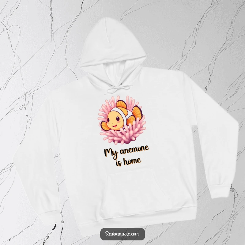 Funny hoodie featuring a smiling clownfish peeking from its anemone, offering cozy comfort and a splash of underwater cheer.