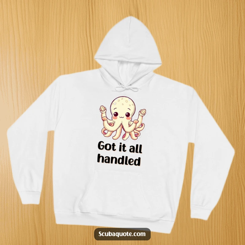 Funny hoodie depicting a curious octopus with eight arms each holding a seashell, perfect for cozying up with an undersea adventure theme.