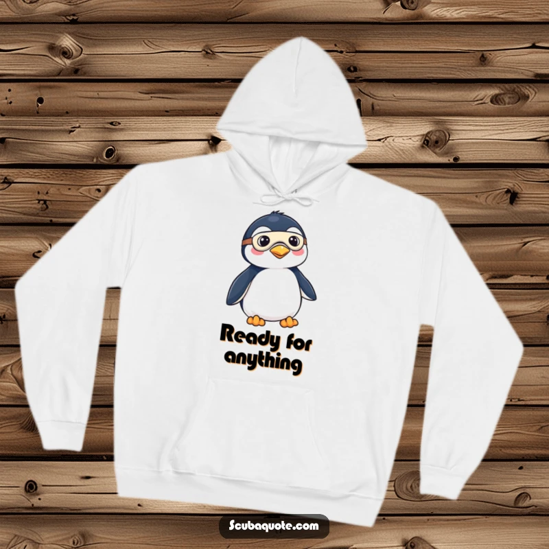 Funny hoodie featuring a cute penguin dressed in a tiny mask and fins, symbolizing readiness for exciting, unexplored adventures.