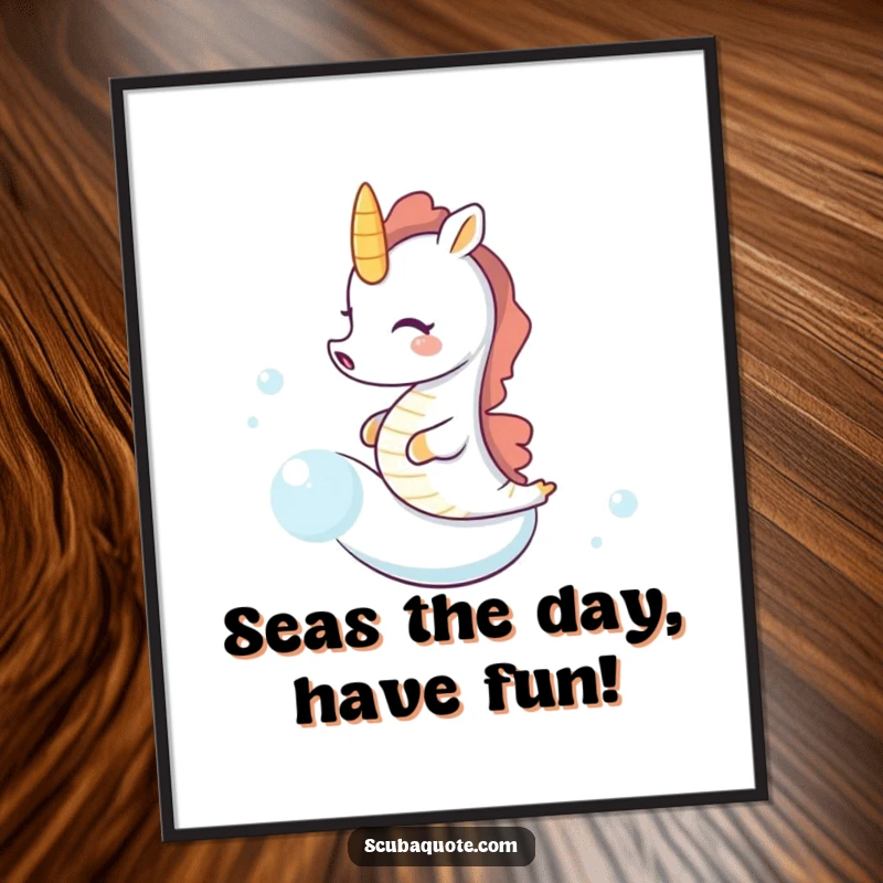 Funny Free Printable Wall Art: Tiny seahorse giggling madly while riding a very speedy bubble, bringing underwater humor to life.