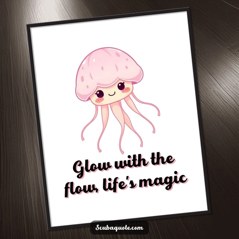 Funny Free Printable Wall Art of a smiling jellyfish floating serenely, trailing glowing tendrils, magical downloadable art.