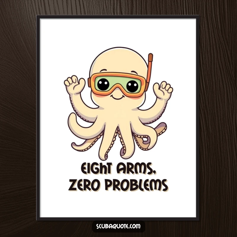 Funny Free Printable Wall Art: Cheerful octopus wearing snorkel mask waves happily with all eight arms underwater, exuding pure joy.