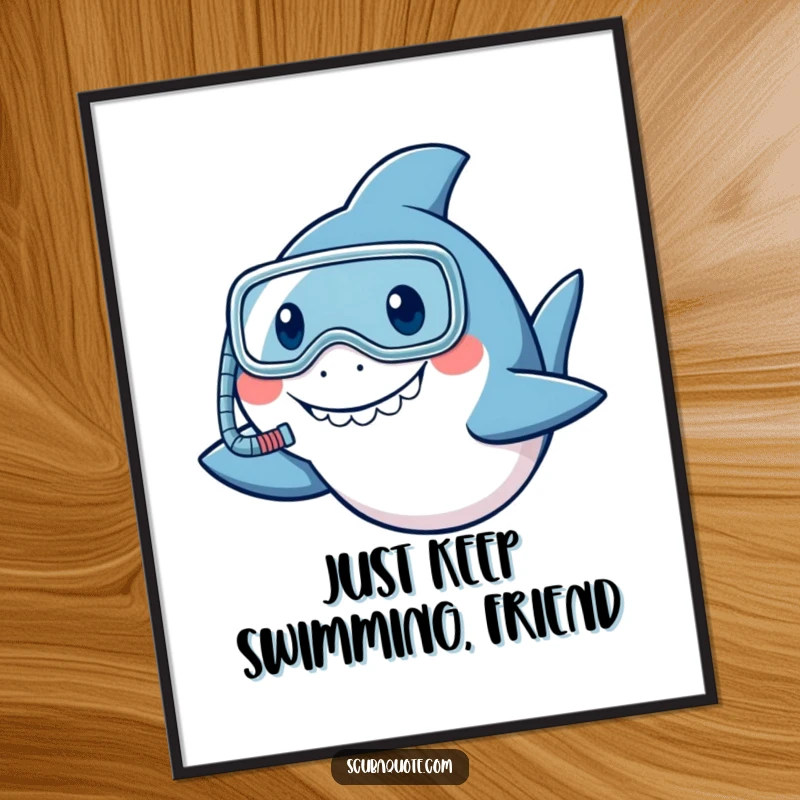Funny Free Printable wall art of a smiling shark wearing a tiny snorkel, giving a friendly nod, adding a humorous touch to decor.