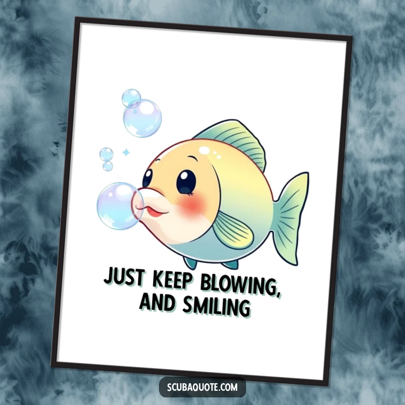 Funny Free Printable Wall Art: A happy fish blowing a cascade of large, iridescent bubbles, whimsical underwater scene, colorful decor.