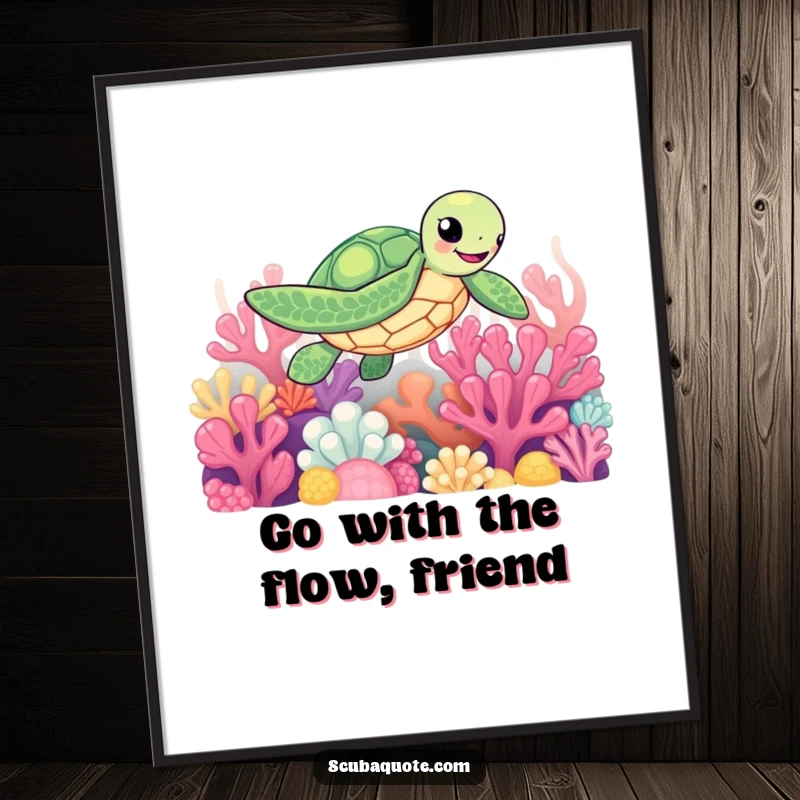 Funny Free Printable Wall Art: A jovial sea turtle gracefully glides through a vividly colored coral reef.