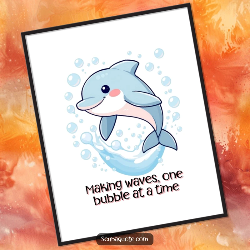 Funny Free Printable Wall Art: A smiling dolphin leaping dynamically through a magical cascade of bubbles, lively ocean-themed decor.
