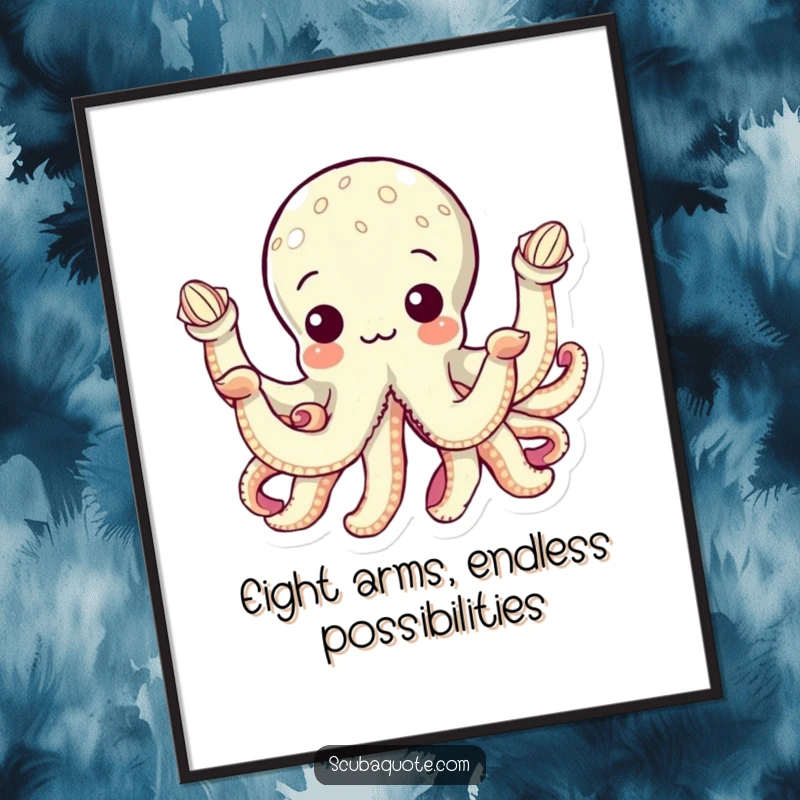 Funny Free Printable Wall Art: A curious octopus with eight arms, each holding a different seashell, whimsical underwater collectible art.
