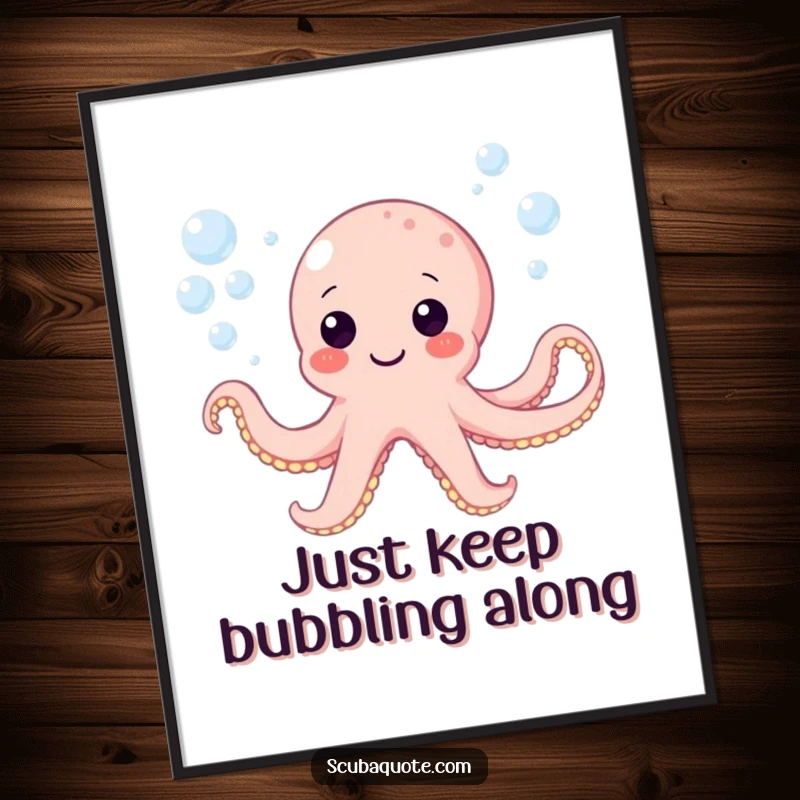 Funny Free Printable Wall Art: A happy octopus playfully blows colorful bubbles in a serene underwater environment.