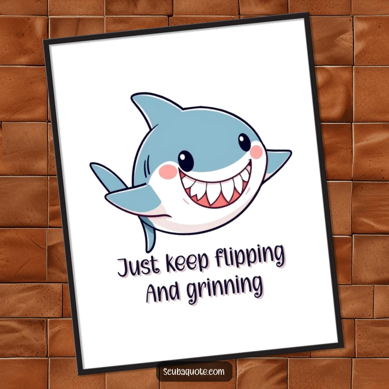 Funny Free Printable Wall Art: Playful shark with a friendly grin performs a somersault underwater, showcasing aquatic acrobatics.