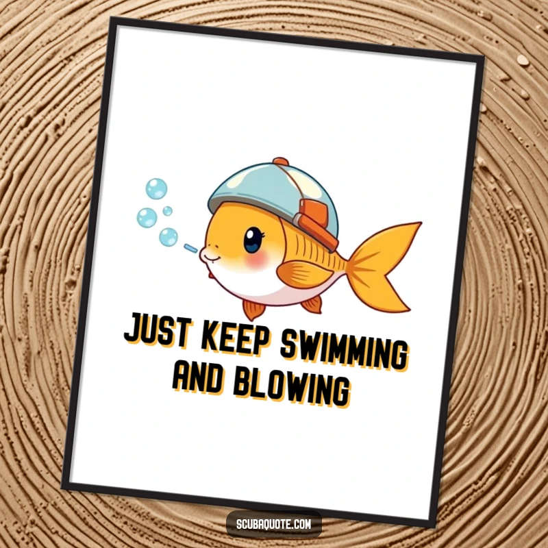 Funny Free Printable Wall Art: Giddy goldfish wearing tiny helmet blows a stream of bubbles underwater, creating a playful scene.