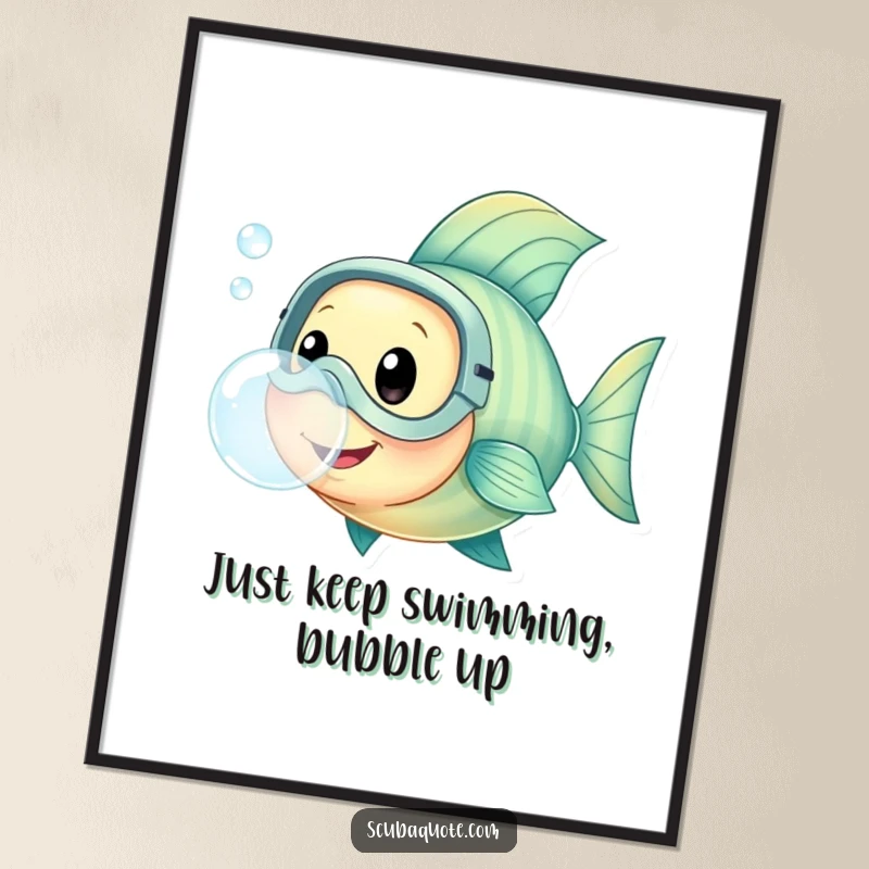 Free Printable Wall Art: A happy fish with a diving mask blows a huge bubble, adding a whimsical underwater scene.