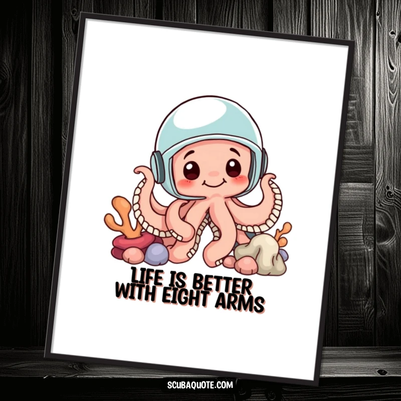 Funny Free Printable Wall Art: Curious octopus wearing a helmet, peeking from behind coral, ocean theme!