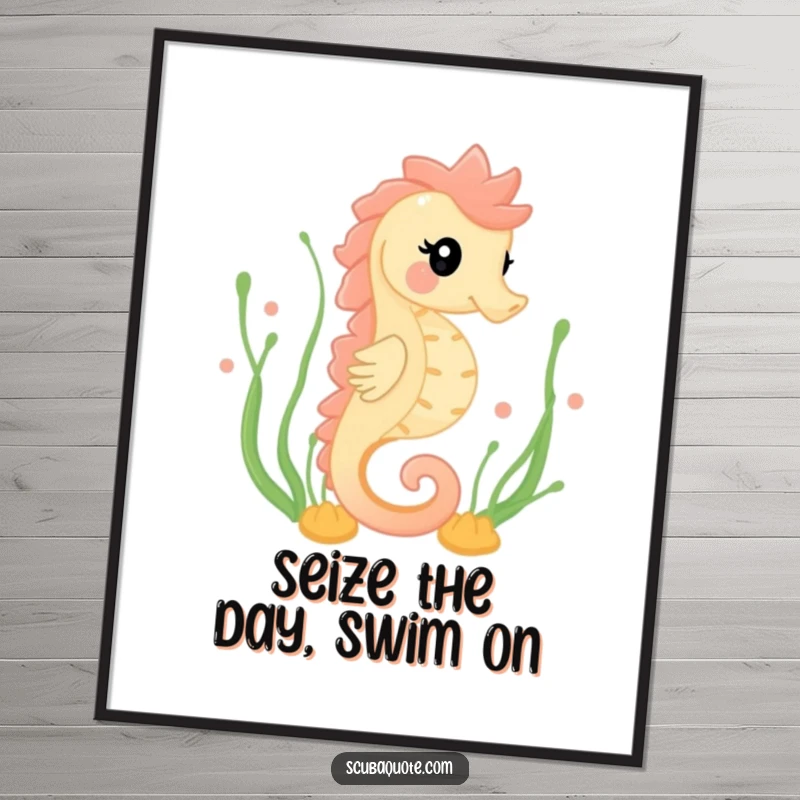 Funny Free Printable Wall Art depicting a happy seahorse gracefully swimming through seaweed, bringing peaceful ocean vibes.