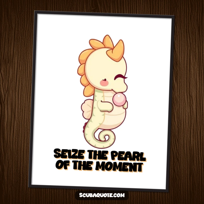 Funny Free Printable wall art featuring a happy seahorse gently nudging a pearl, adding a touch of undersea charm to any room.