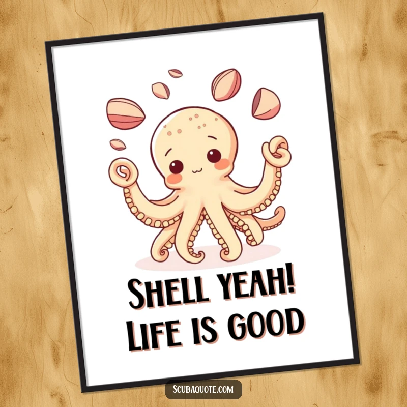 Funny Free Printable Wall Art: A curious octopus playfully juggling a pile of glistening shells on a clean background.