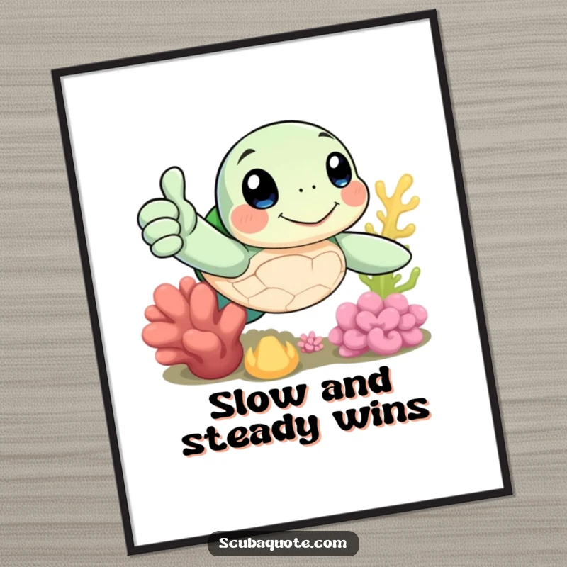 Funny Free Printable Wall Art: A cheerful sea turtle gives a thumbs-up while floating near vibrant coral, radiating positivity.