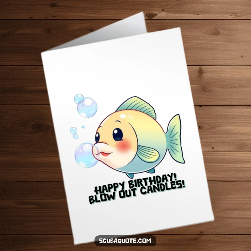Funny Free Printable Birthday Card: A cheerful fish happily blowing large, shiny bubbles, a fun underwater birthday celebration.