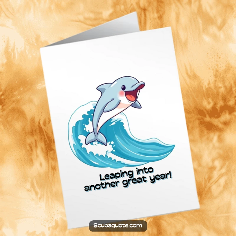 Funny Free Printable Birthday Card with a happy dolphin leaping from a wave, a splashy downloadable gift.