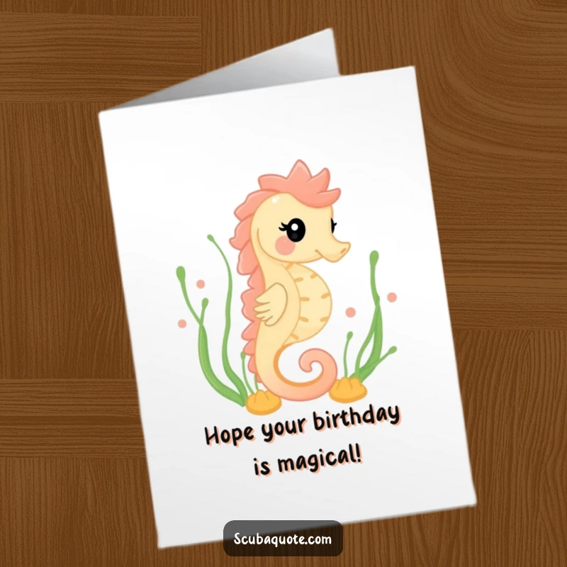 Funny Free Printable Birthday Card featuring a happy seahorse gracefully swimming through lush green seaweed, exuding calm.