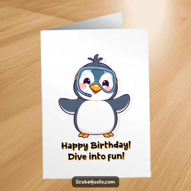 Funny Free Printable Birthday Card: A cute penguin wearing a snorkel and mask, waving hello underwater, a cheerful diving gift.