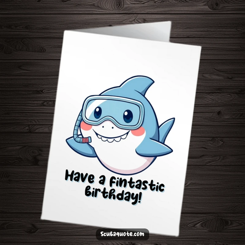Funny Free Printable birthday card featuring a smiling shark in a tiny snorkel, giving a friendly nod, perfect for a quirky celebration.