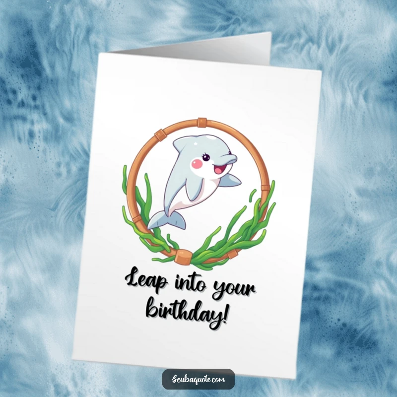 Funny Free Printable Birthday Card: A playful dolphin leaps energetically through a seaweed-decorated hoop, celebrating a birthday.