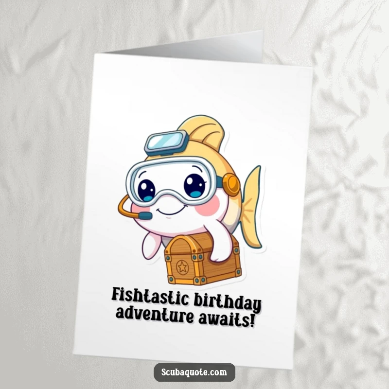 Funny Free Printable Birthday Card: A smiling fish in a diving mask holds a treasure chest, ready for a birthday adventure.